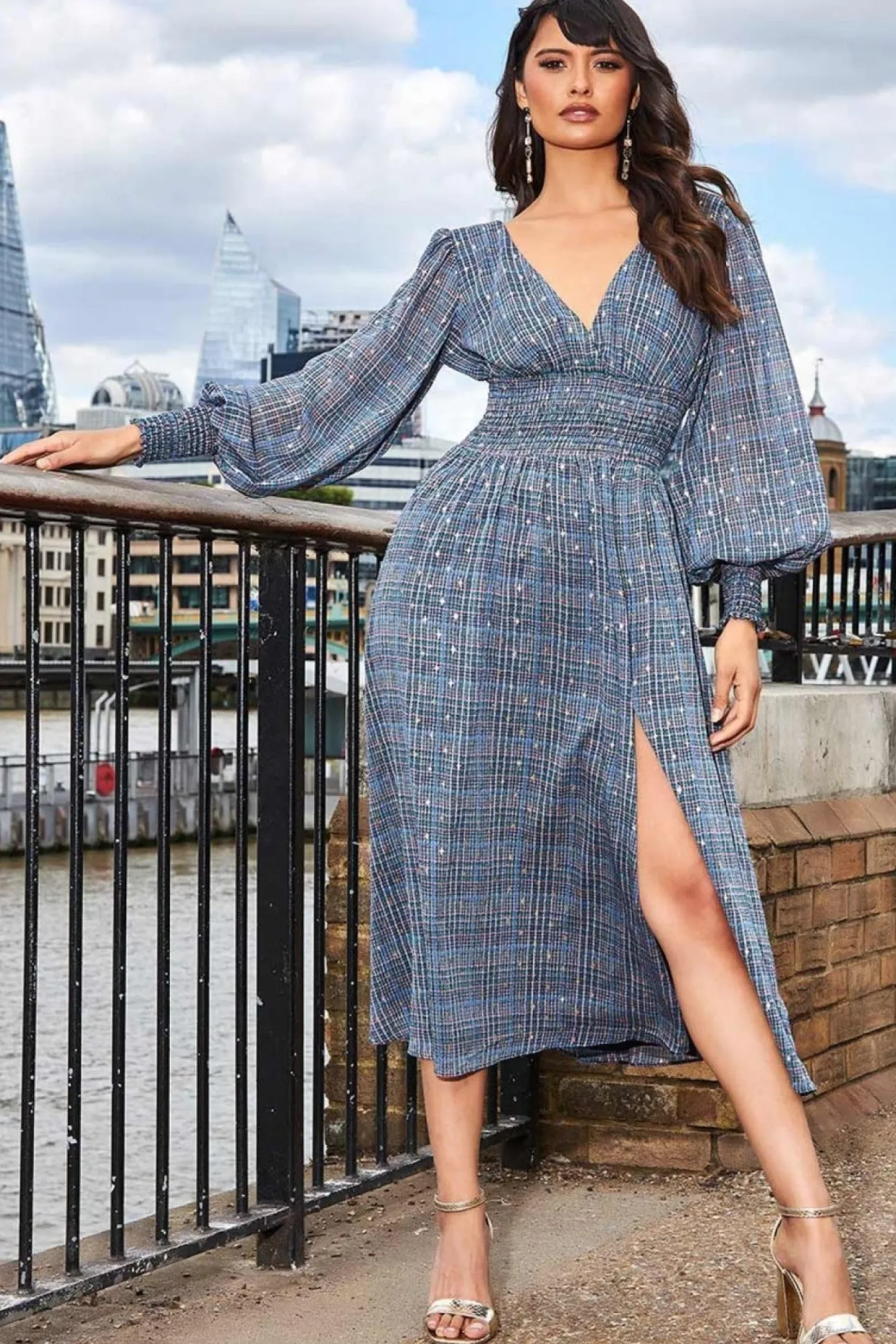 Women * Long Sleeve Midi Shirred Waistband - Check Print