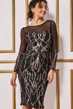 Women * Long Sleeve Sequin Flame Midi Dress