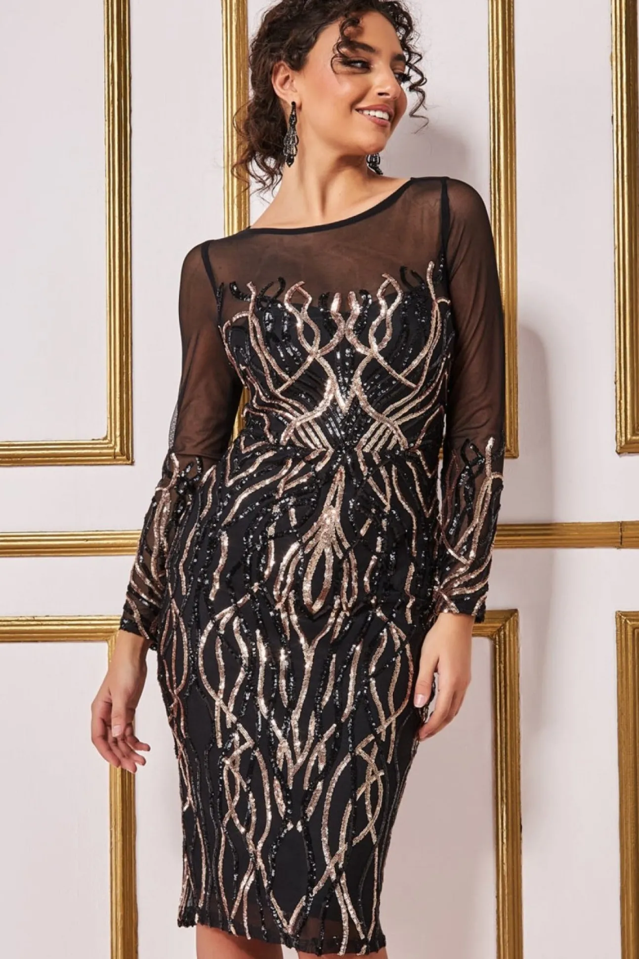 Women * Long Sleeve Sequin Flame Midi Dress