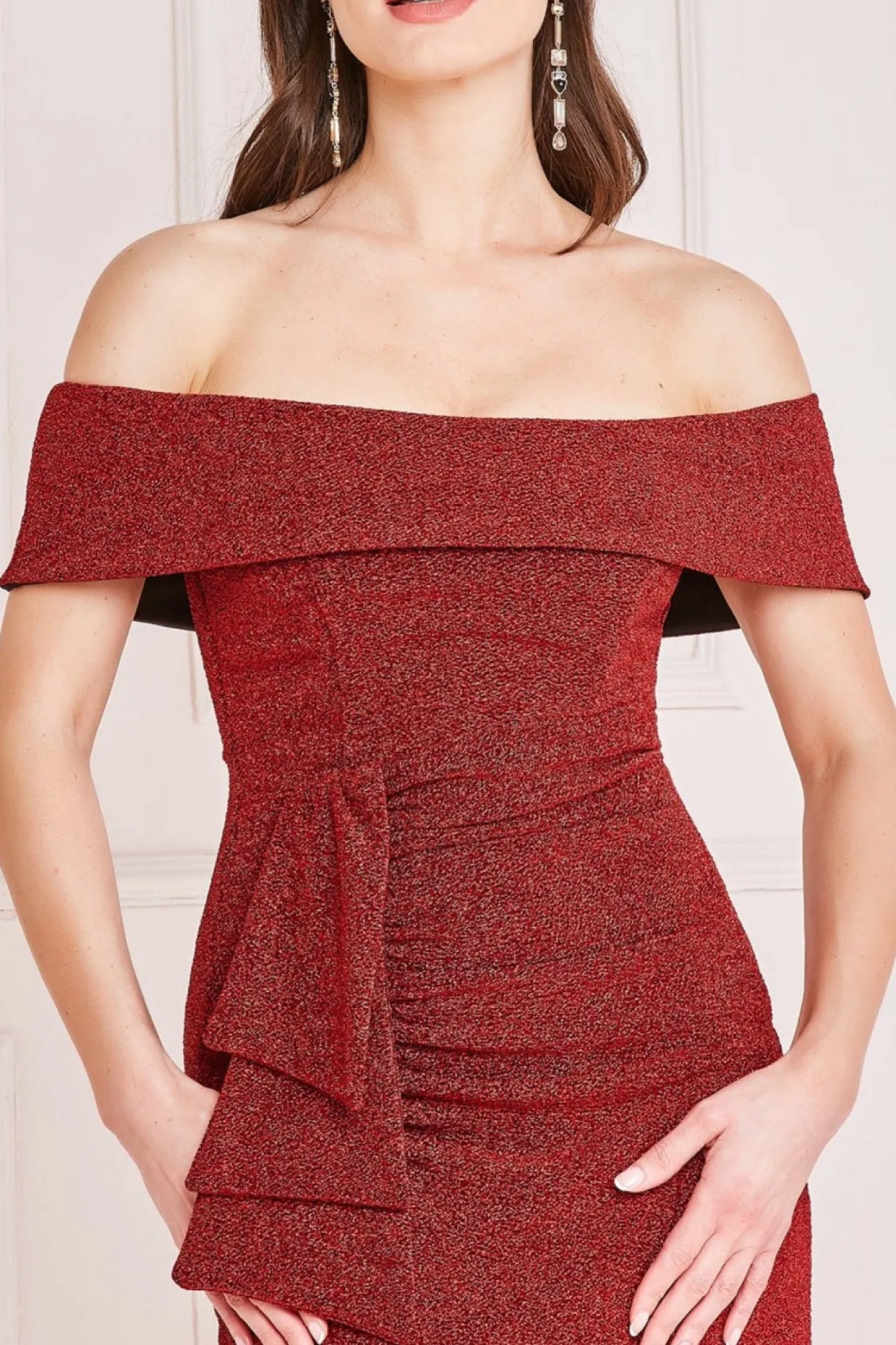 Women * Lurex Bardot Maxi With Waterfall Ruffle