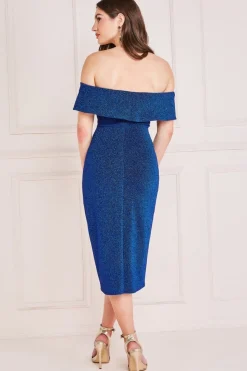 Women * Lurex Bardot Midi With Waterfall Ruffle - Royal Blue