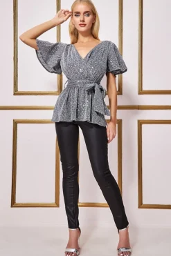 Women * Lurex Flutter Sleeve Wrap Top