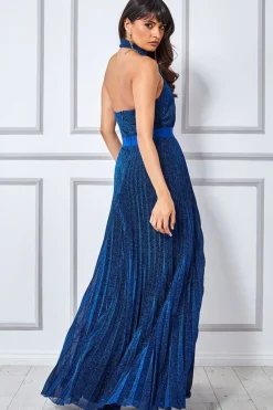 Women * Lurex Halterneck Pleated Maxi Dress - Royal Blue