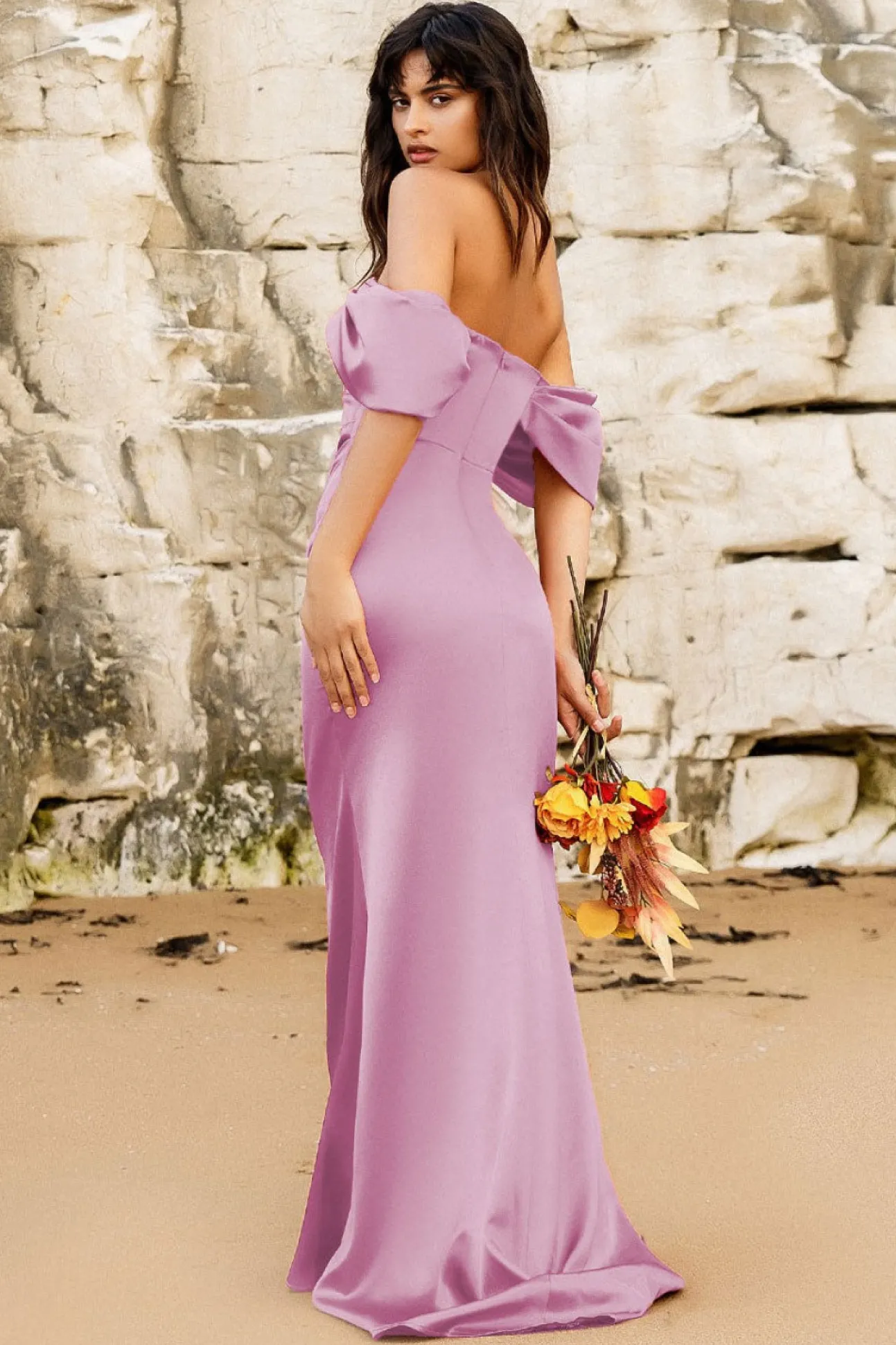 Women * Off Shoulder Satin Maxi With V Neck