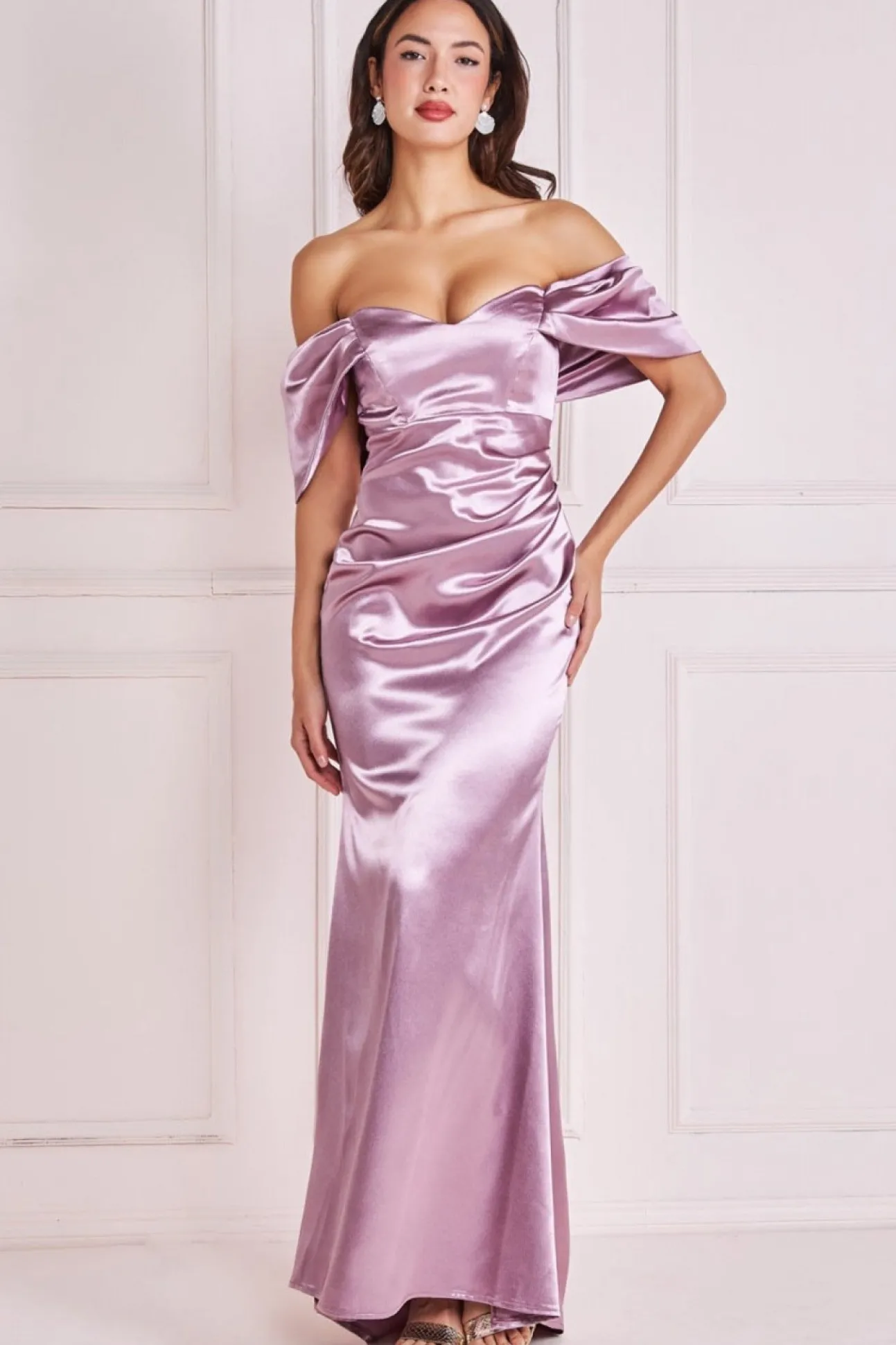 Women * Off Shoulder Satin Maxi With V Neck