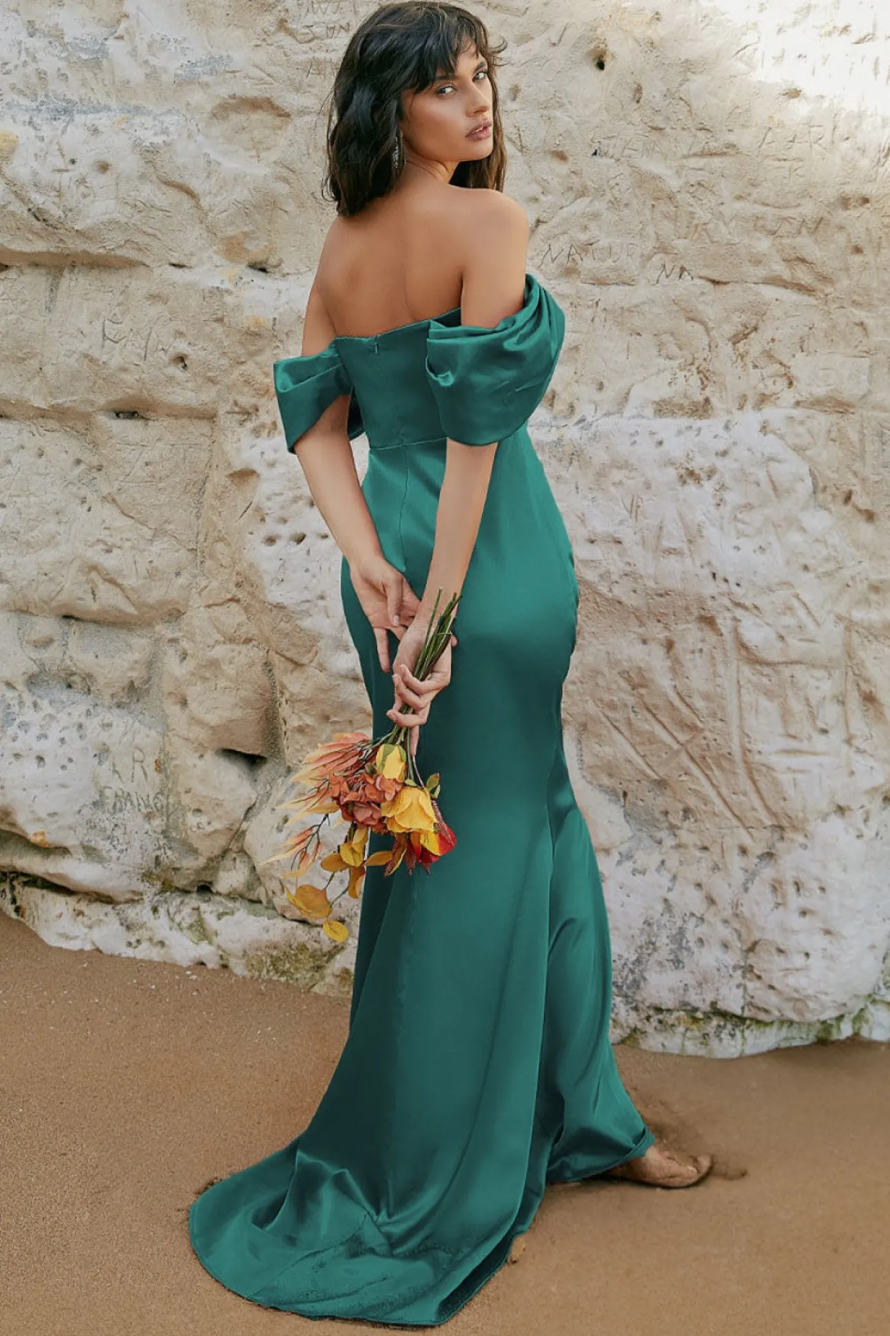 Women * Off Shoulder Satin Maxi With V Neck
