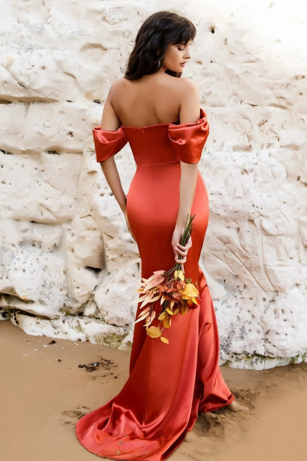 Women * Off Shoulder Satin Maxi With V Neck