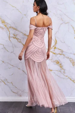 Women * Off The Shoulder Maxi Dress With Mesh Skirt - Blush