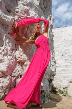 Women * One Shoulder Pleated Chiffon Scarf Maxi - Hot Pink