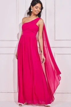 Women * One Shoulder Pleated Chiffon Scarf Maxi - Hot Pink
