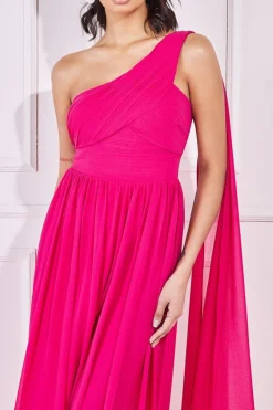 Women * One Shoulder Pleated Chiffon Scarf Maxi - Hot Pink