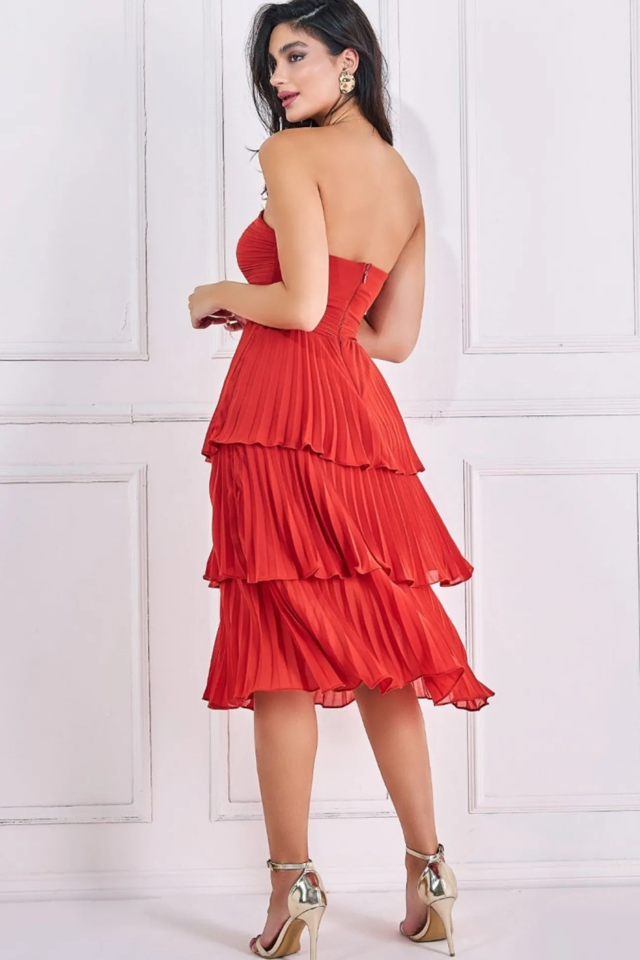 Women * Pleated Bandeau Bodice Chiffon Tiered Midi - Orange