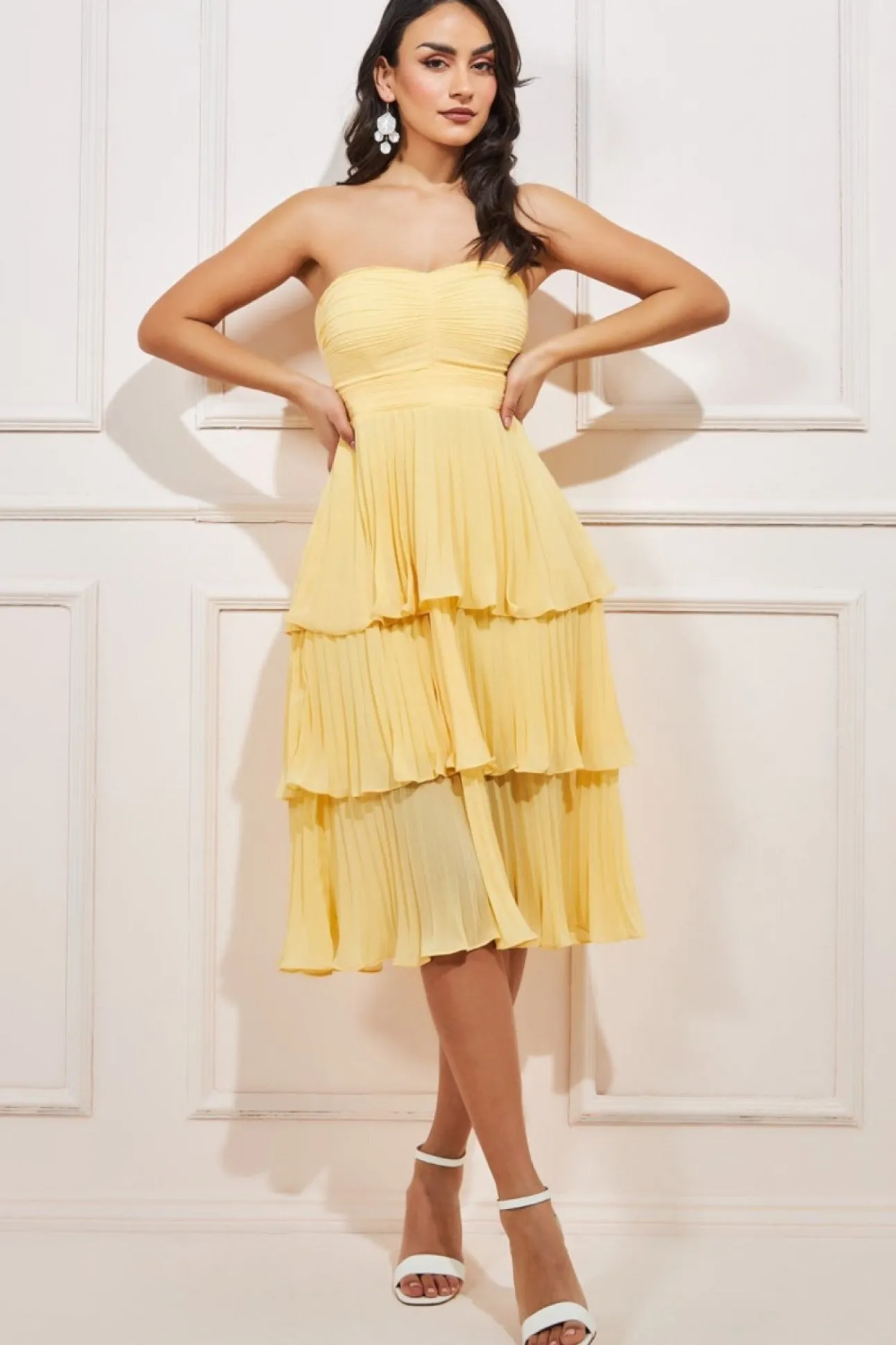 Women * Pleated Bandeau Bodice Chiffon Tiered Midi