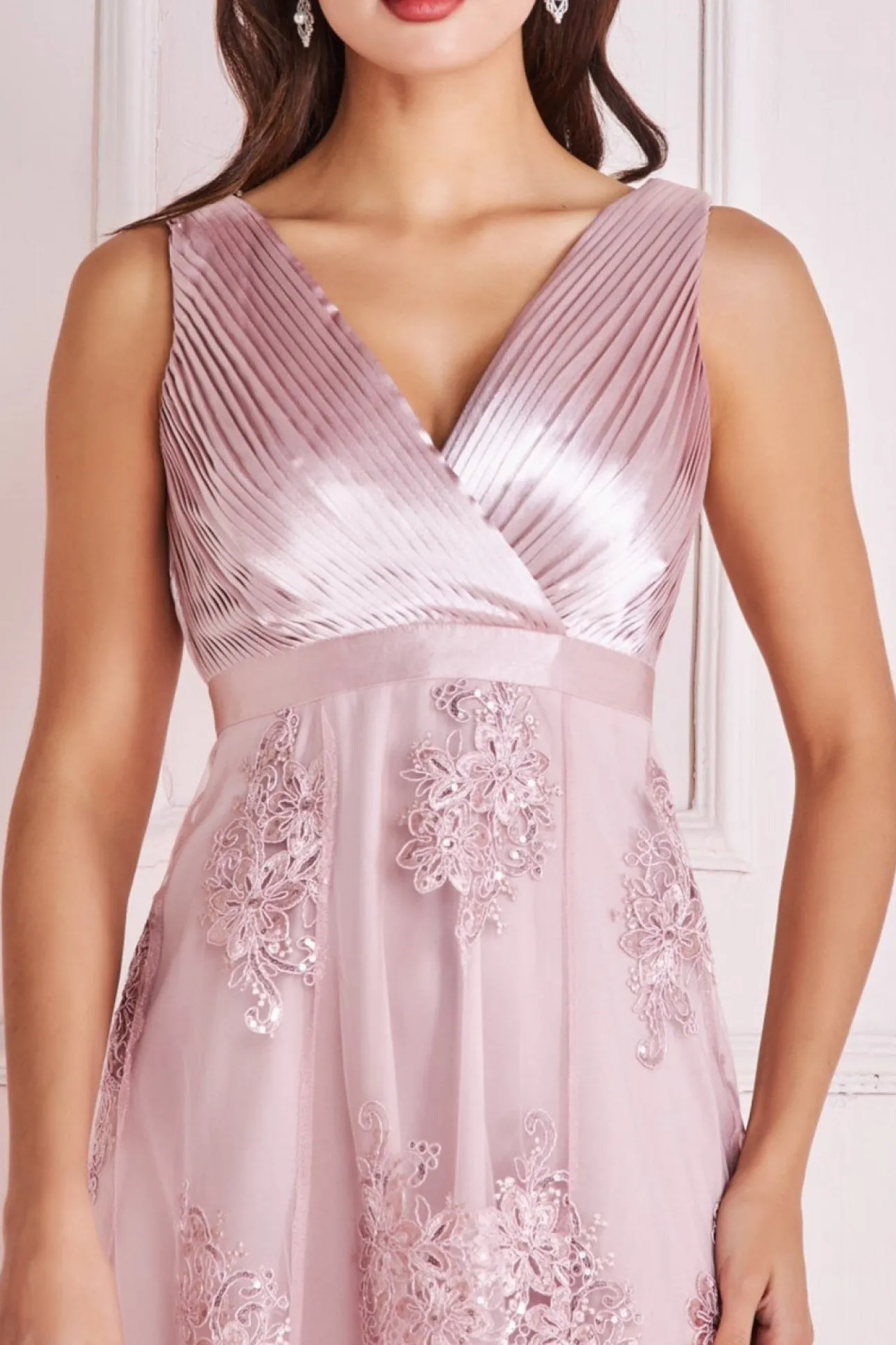 Women * Pleated Satin V Neck High And Low Midi