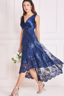 Women * Pleated Satin V Neck High And Low Midi