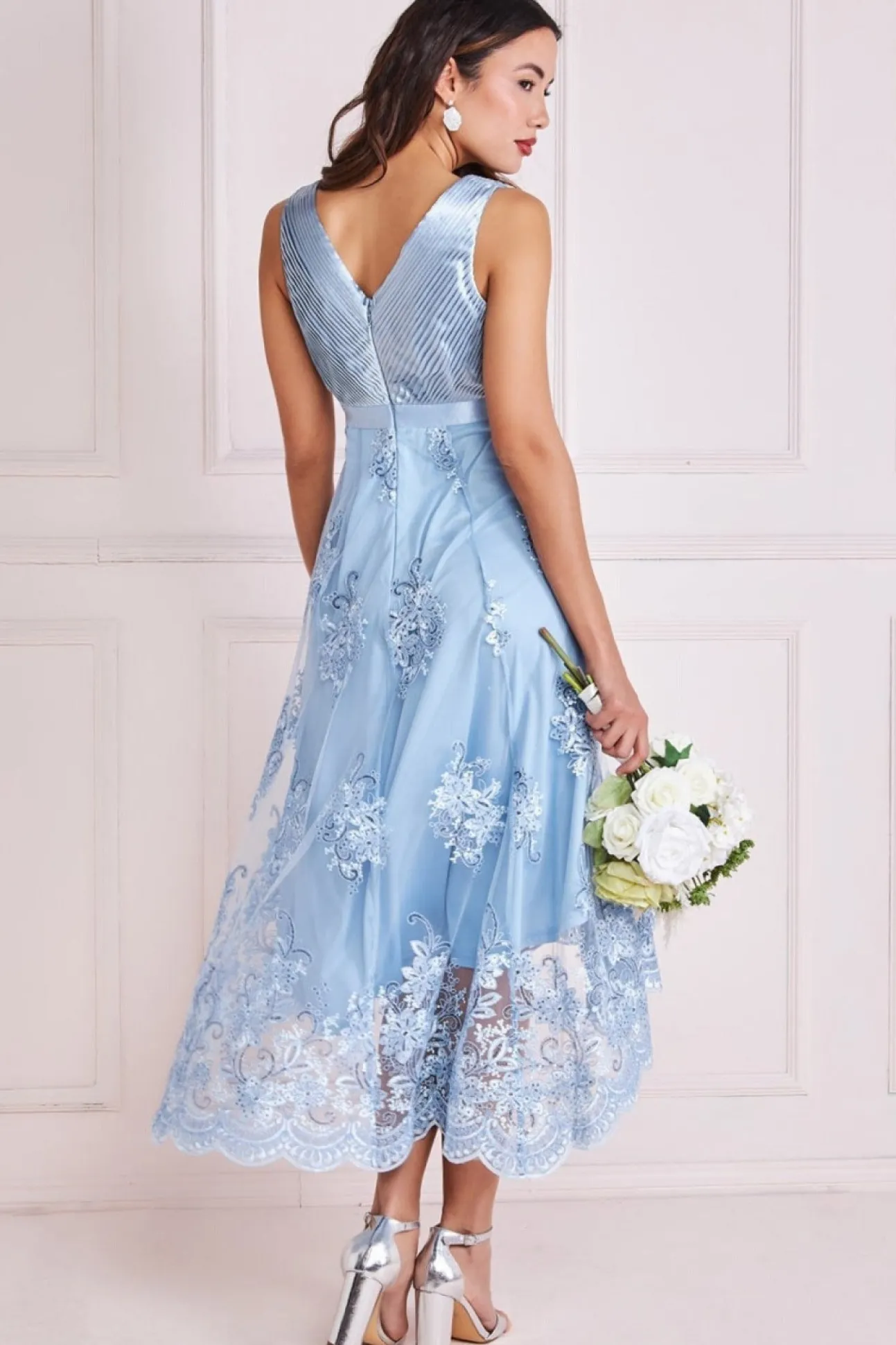 Women * Pleated Satin V Neck High And Low Midi