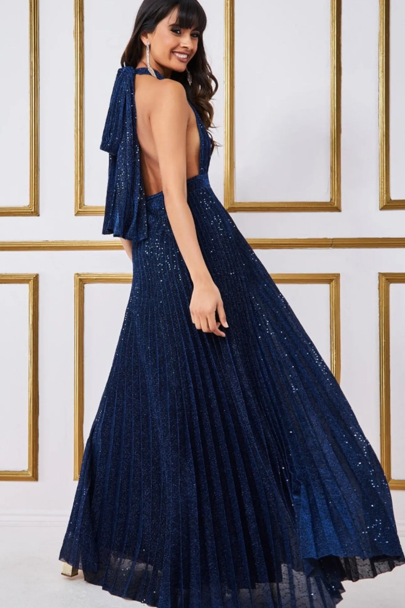 Women * Plunge Halterneck Sequin Lurex Maxi