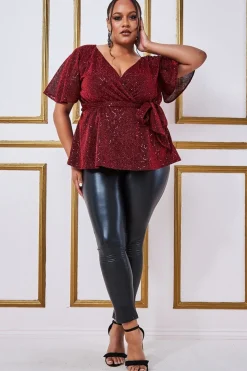 Women * Plus Lurex Flutter Sleeve Wrap Top