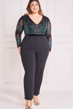 Women * Plus Sequin & Mesh Jumpsuit - Emerald