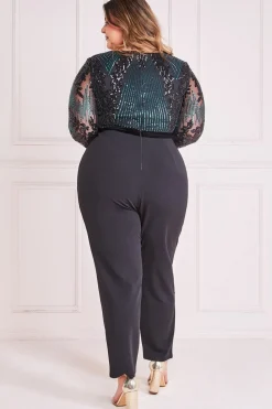 Women * Plus Sequin & Mesh Jumpsuit - Emerald