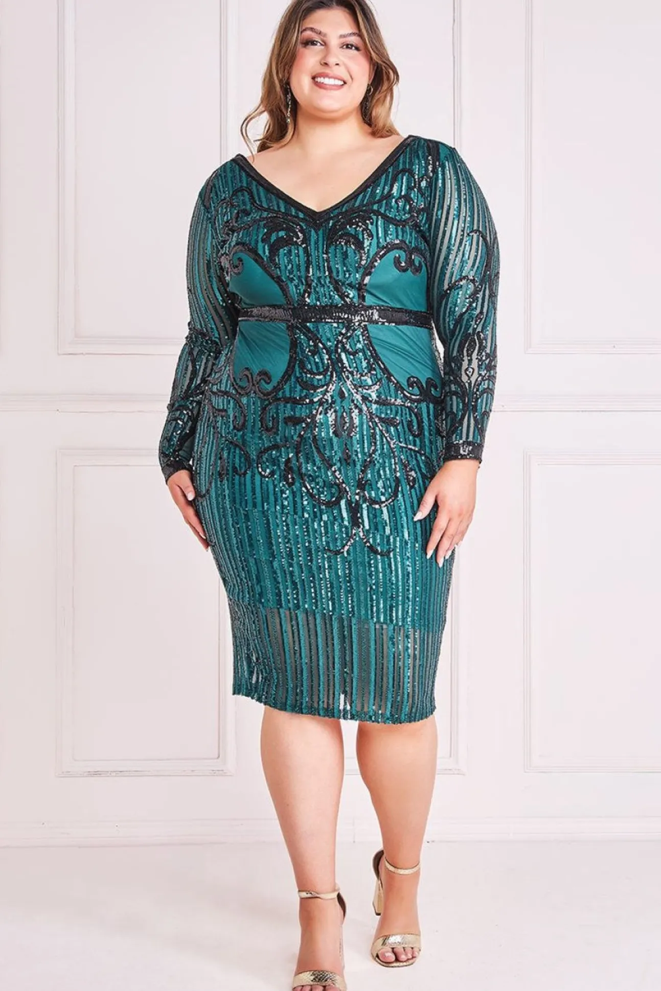 Women * Plus Sequin Mesh V Neck Midi