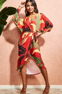 Women * Printed Batwing Wrap Midi Dress
