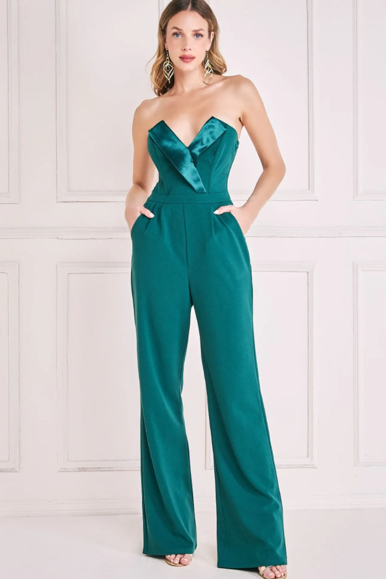 Women * Satin Collar Scuba Jumpsuit Green