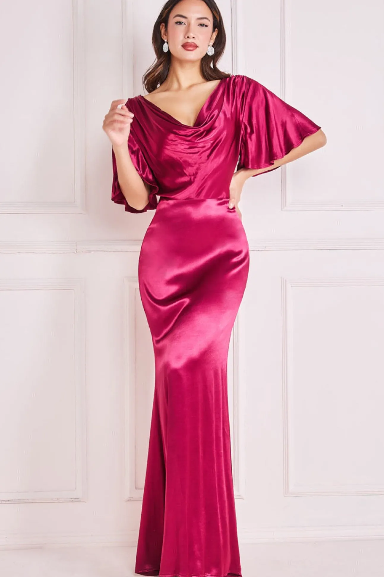 Women * Satin Viscose Cowl Neck Maxi With Train