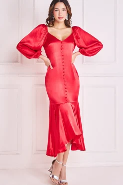 Women * Satin Viscose Front Buttoned Dipped Hem Midi