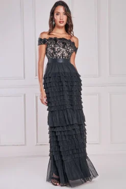 Women * Scallop Bardot Ruffle Mesh Maxi