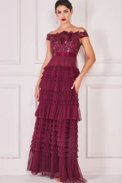 Women * Scallop Bardot Ruffle Mesh Maxi
