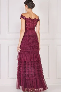 Women * Scallop Bardot Ruffle Mesh Maxi