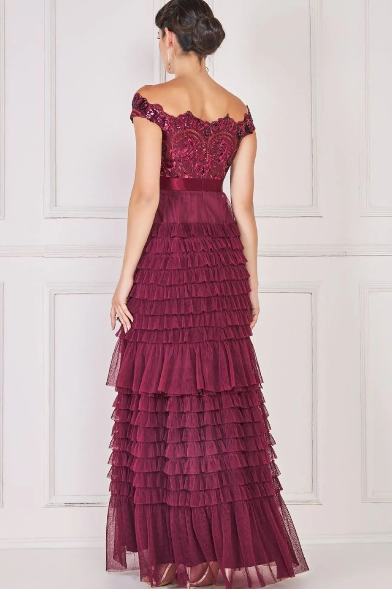 Women * Scallop Bardot Ruffle Mesh Maxi