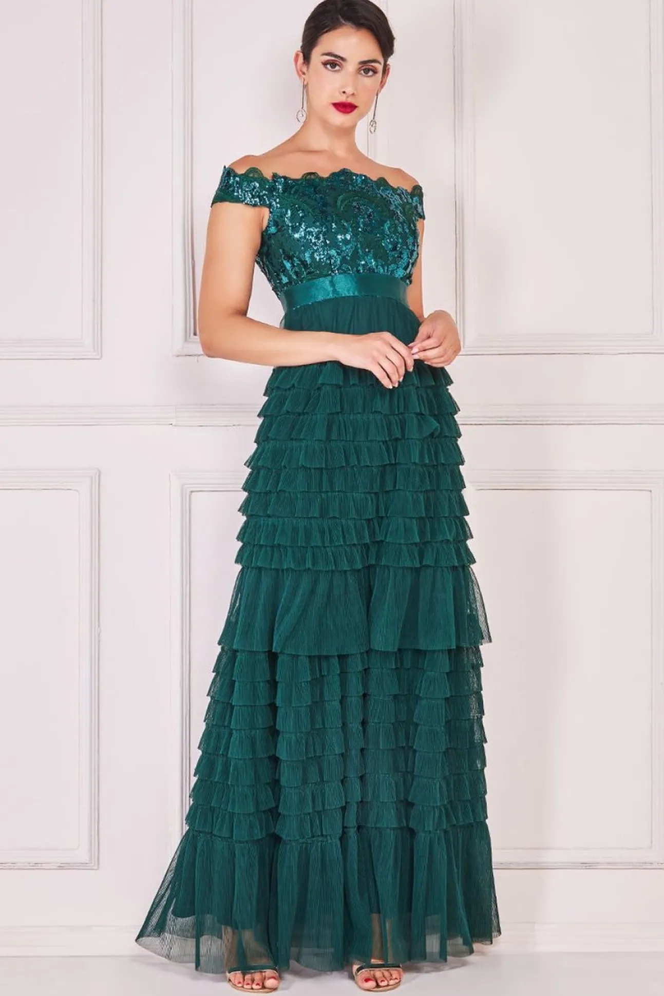 Women * Scallop Bardot Ruffle Mesh Maxi