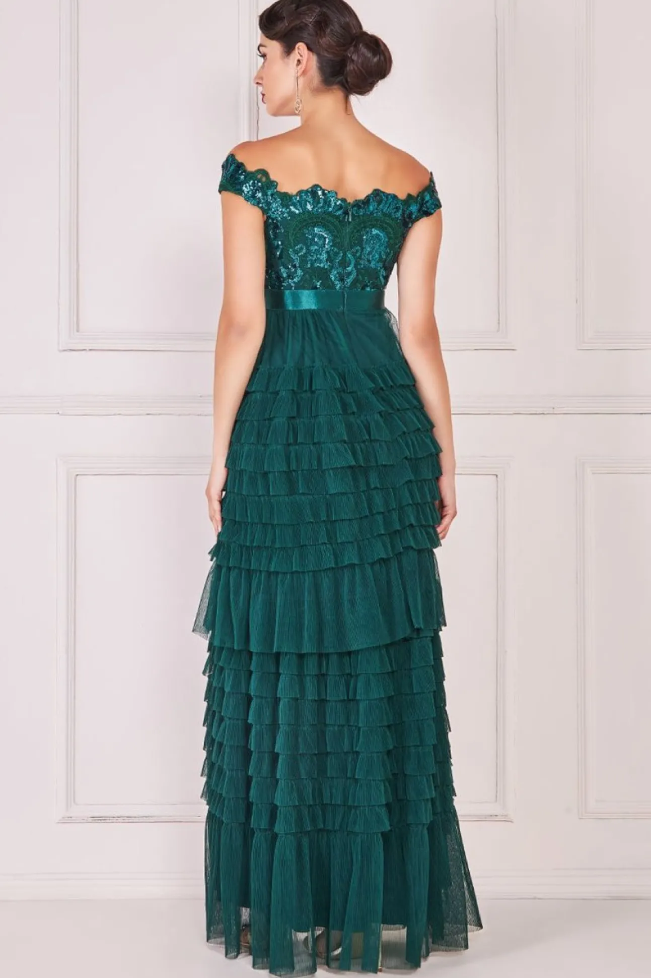 Women * Scallop Bardot Ruffle Mesh Maxi