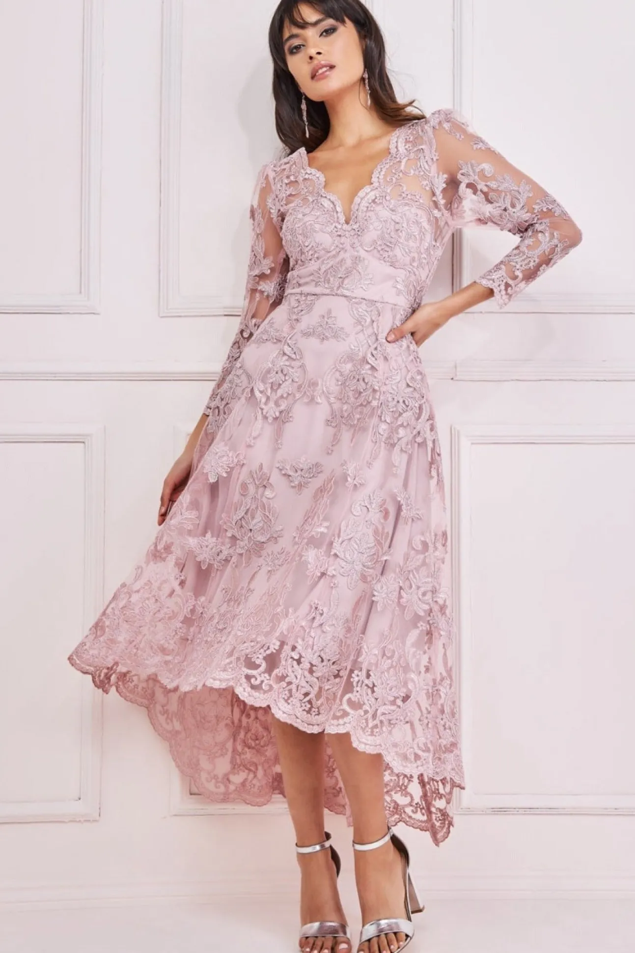 Women * Scalloped Lace Dipped Hem Midi Dress