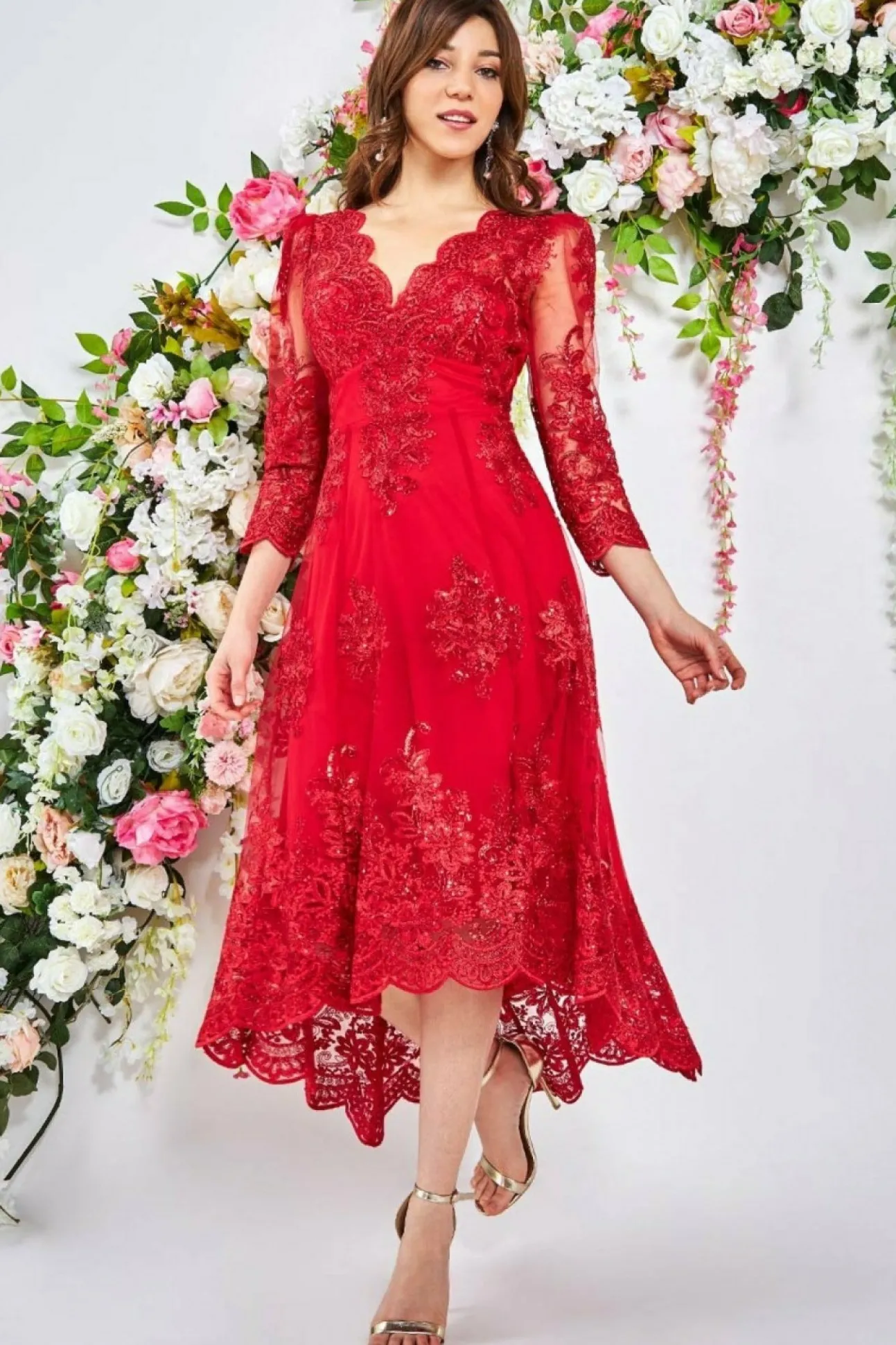 Women * Scalloped Lace High Low Midi Dress