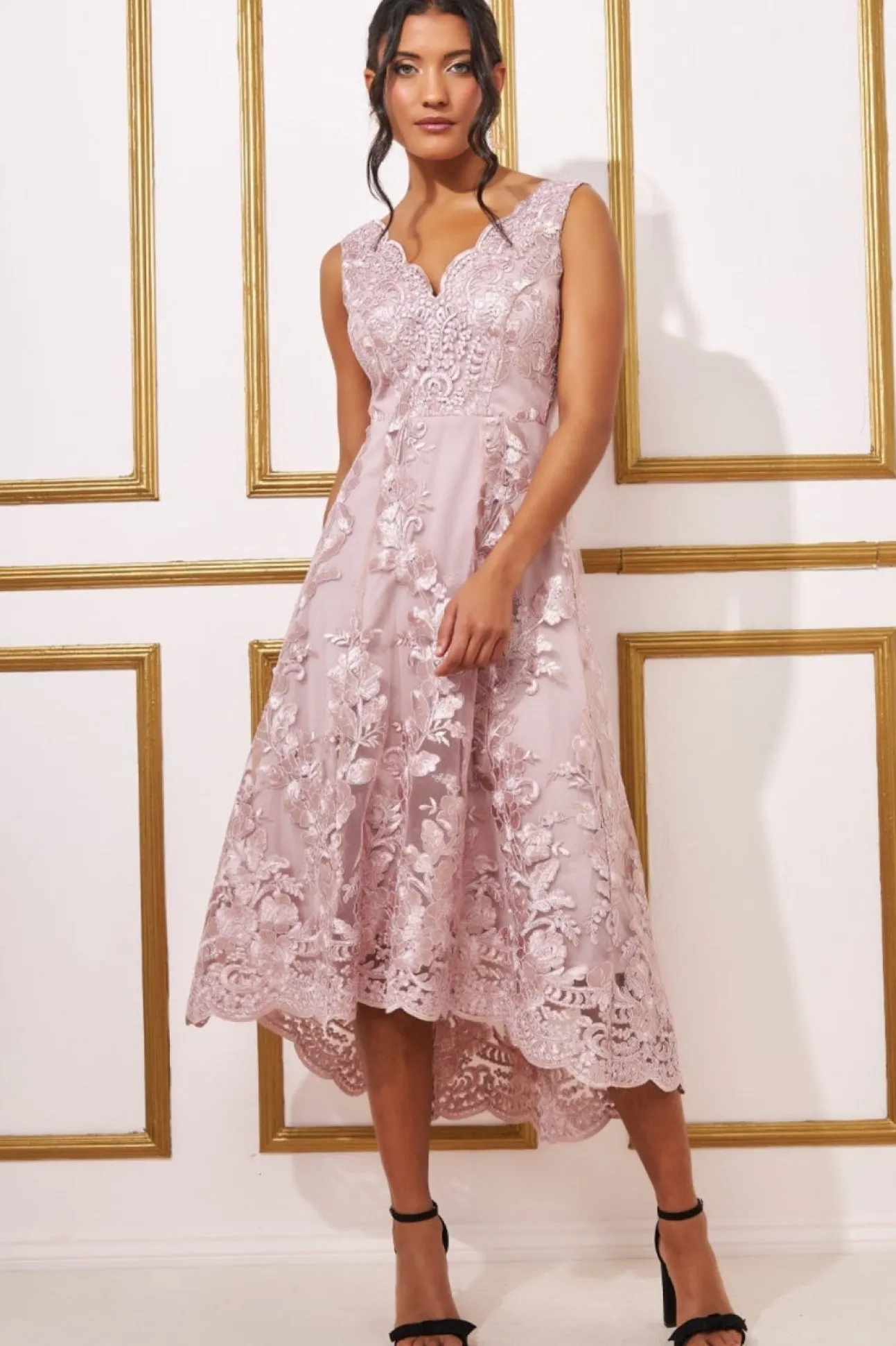 Women * Scalloped Neck Lace Midi Dress
