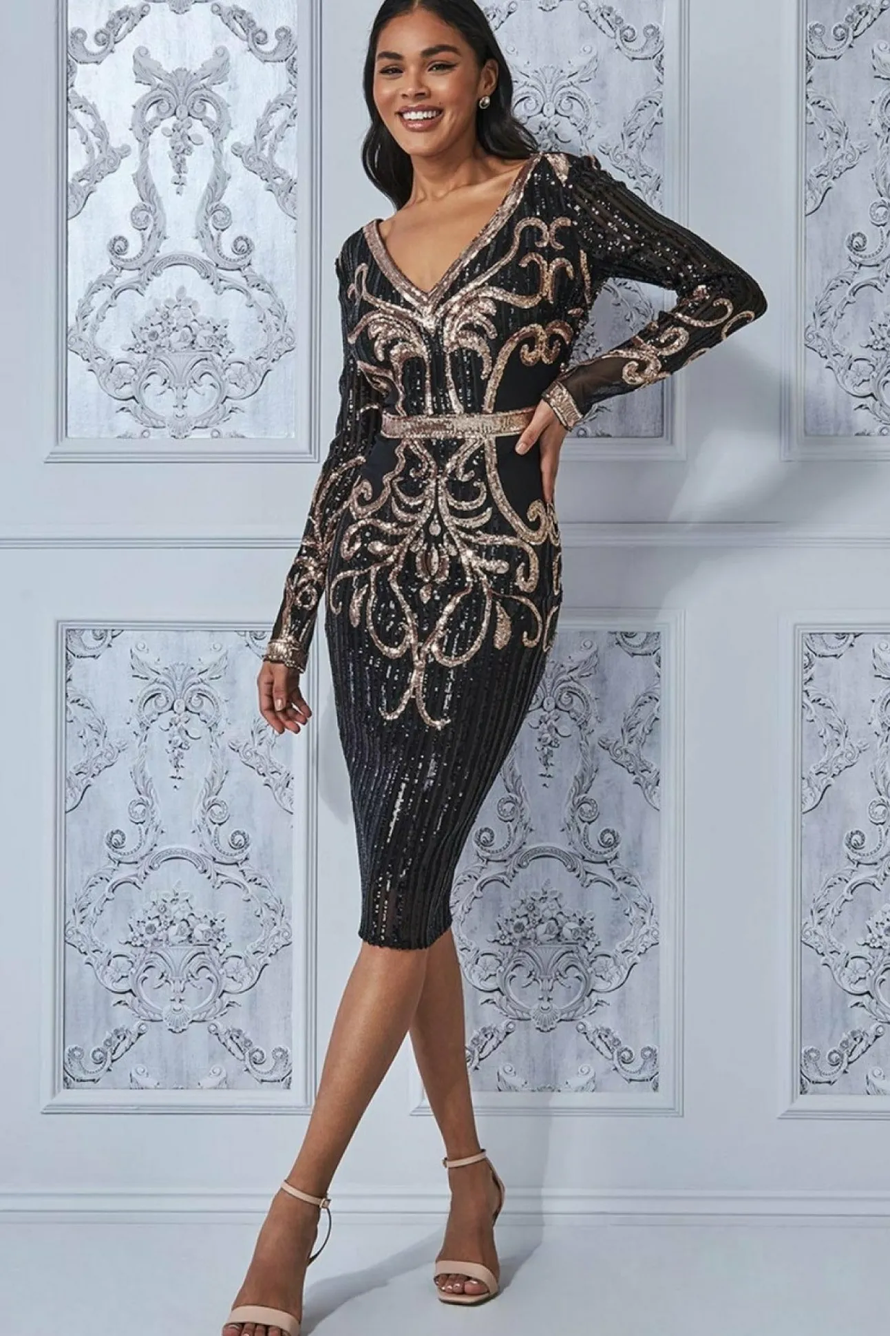 Women * Sequin & Mesh Embroidered Midi