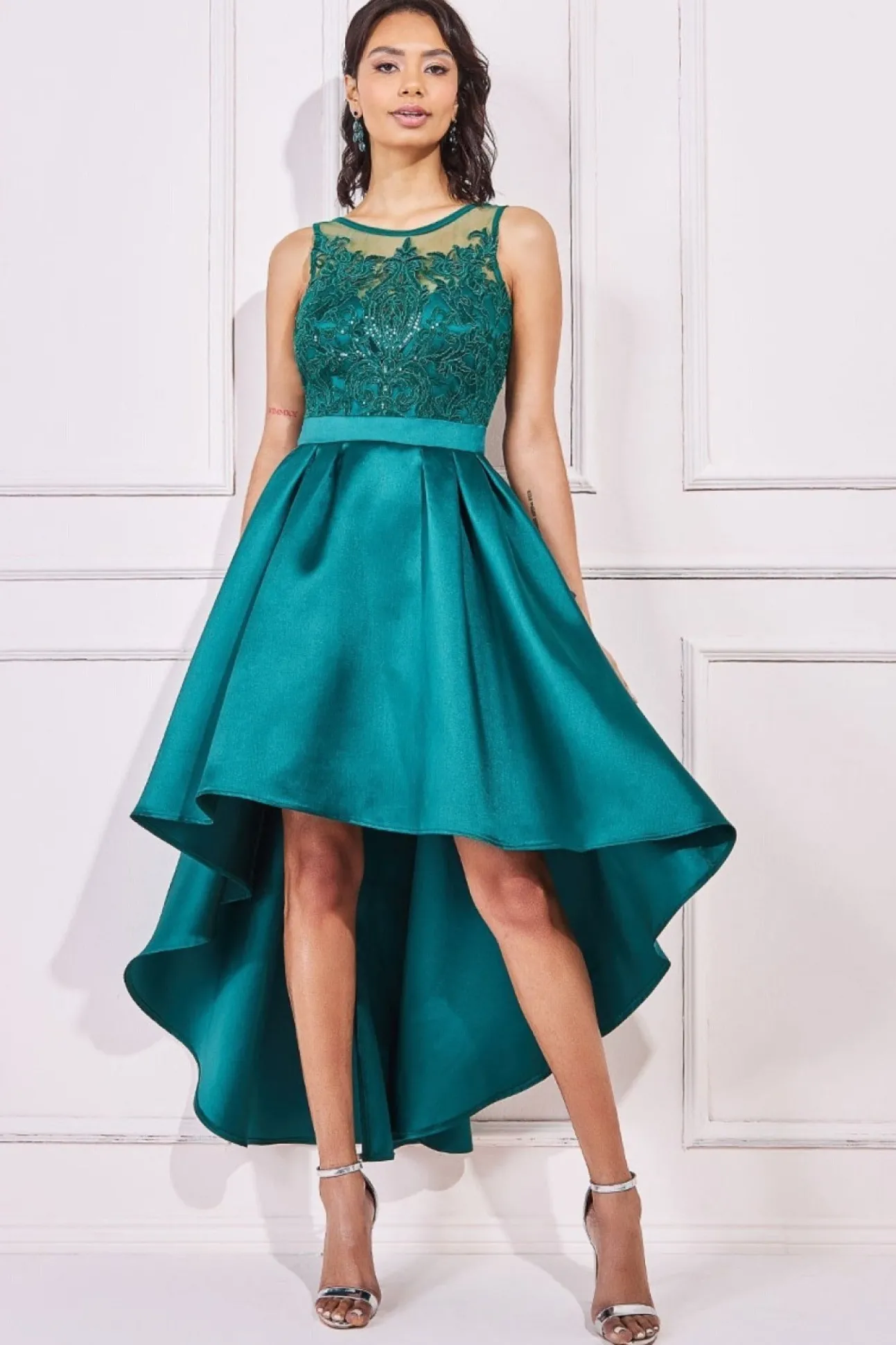 Women * Sequin & Satin Dipped Hem Midi Dress
