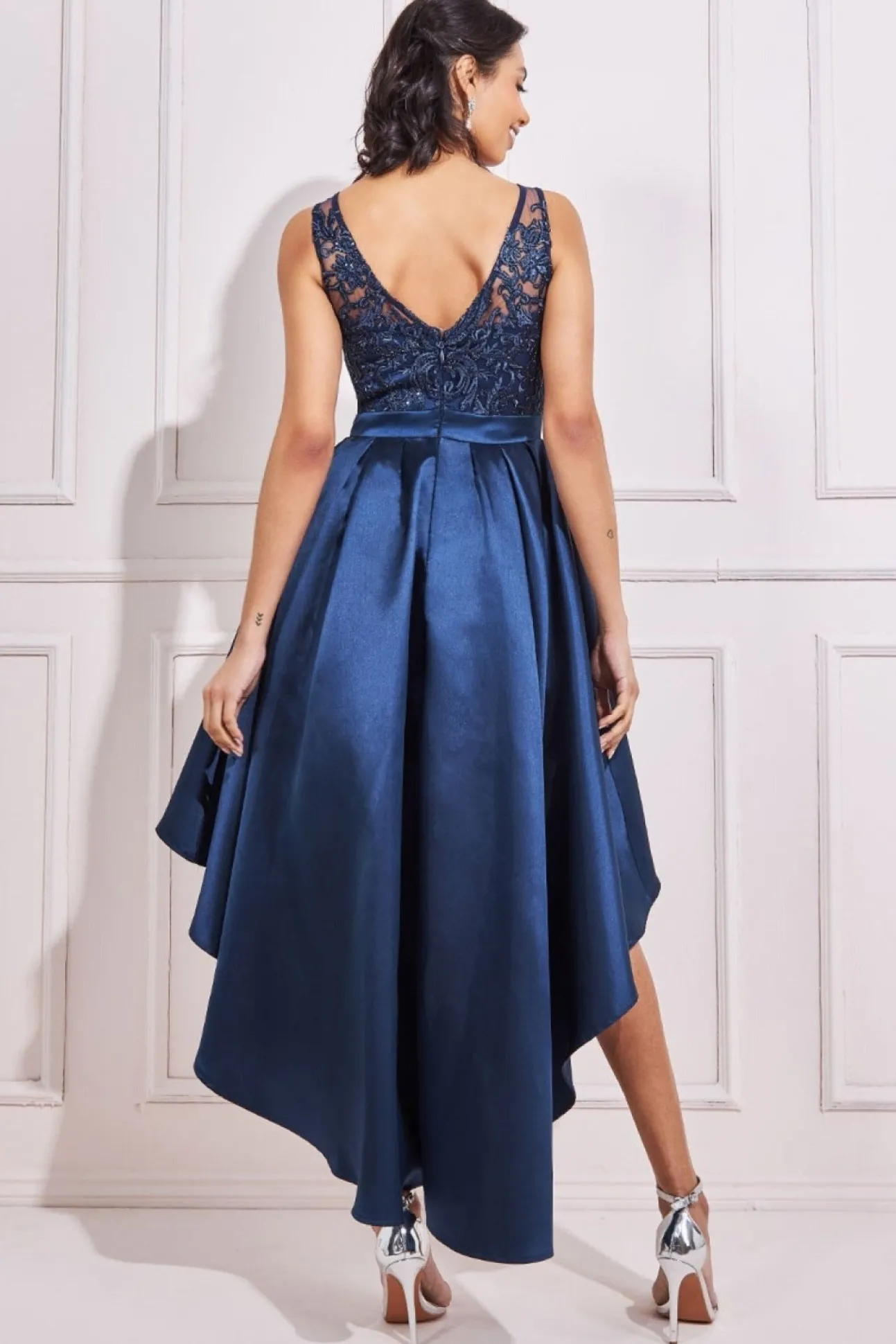 Women * Sequin & Satin Dipped Hem Midi Dress