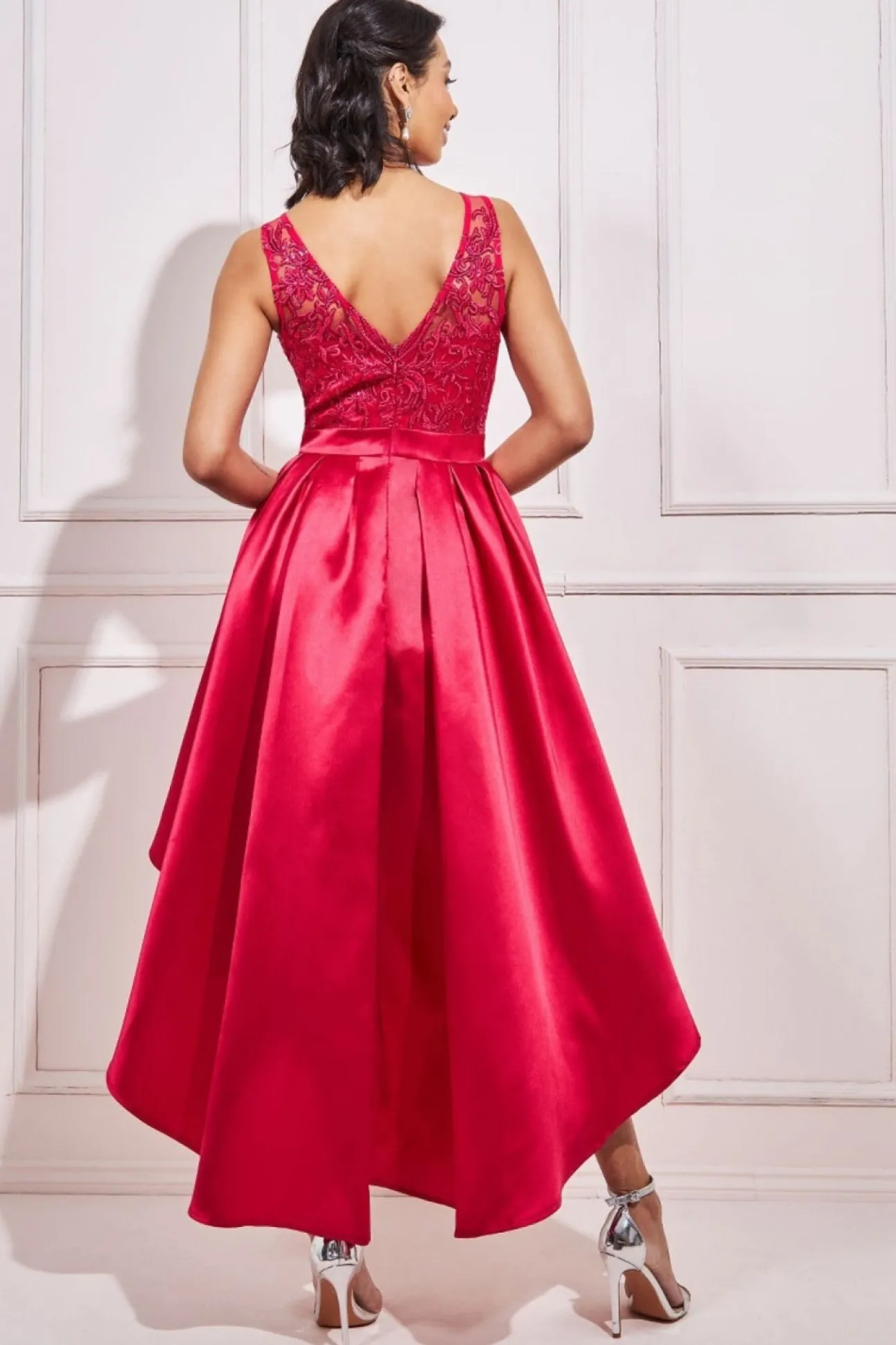 Women * Sequin & Satin Dipped Hem Midi - Hot Pink