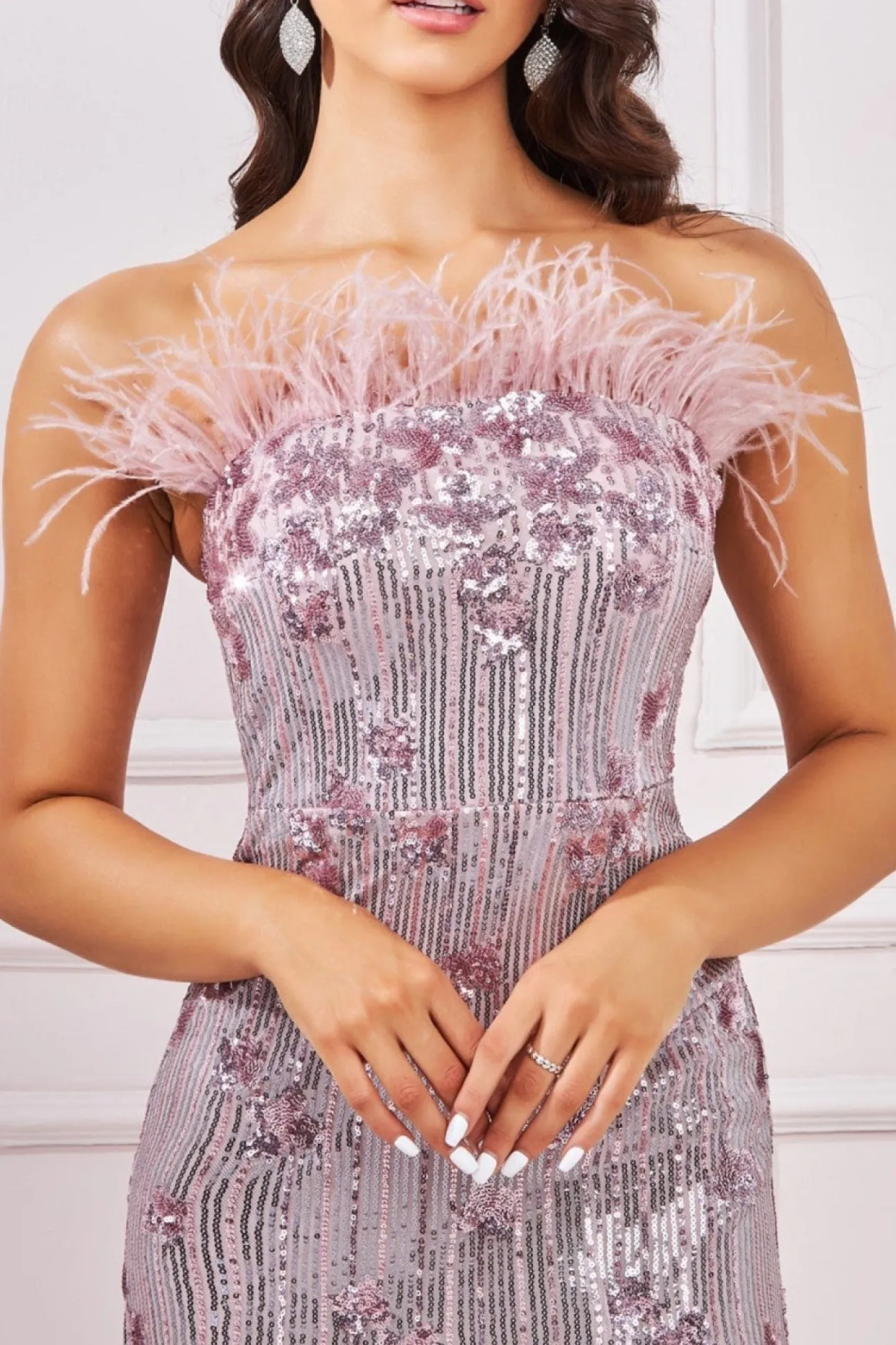 Women * Sequin And Feather Boobtube Maxi