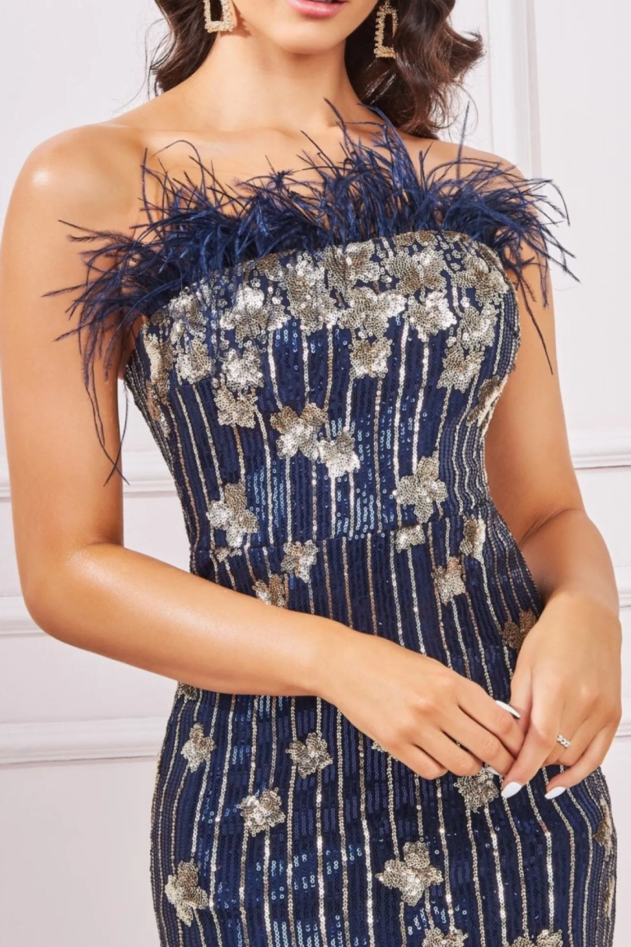 Women * Sequin And Feather Boobtube Midi