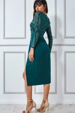 Women * Sequin Bodice With Front Frill Midi Dress