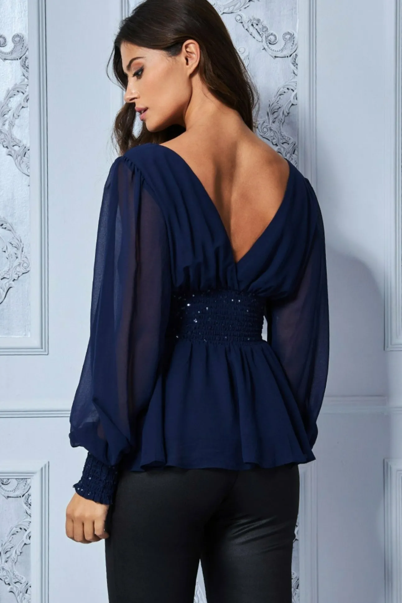 Women * Sequin Chiffon Puffy Sleeve Top