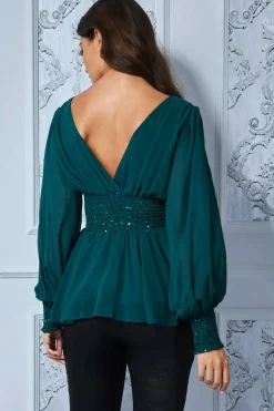 Women * Sequin Chiffon Puffy Sleeve Top Green