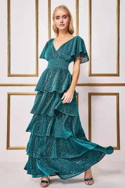 Women * Sequin Lurex Tiered Maxi Dress - Teal Blue
