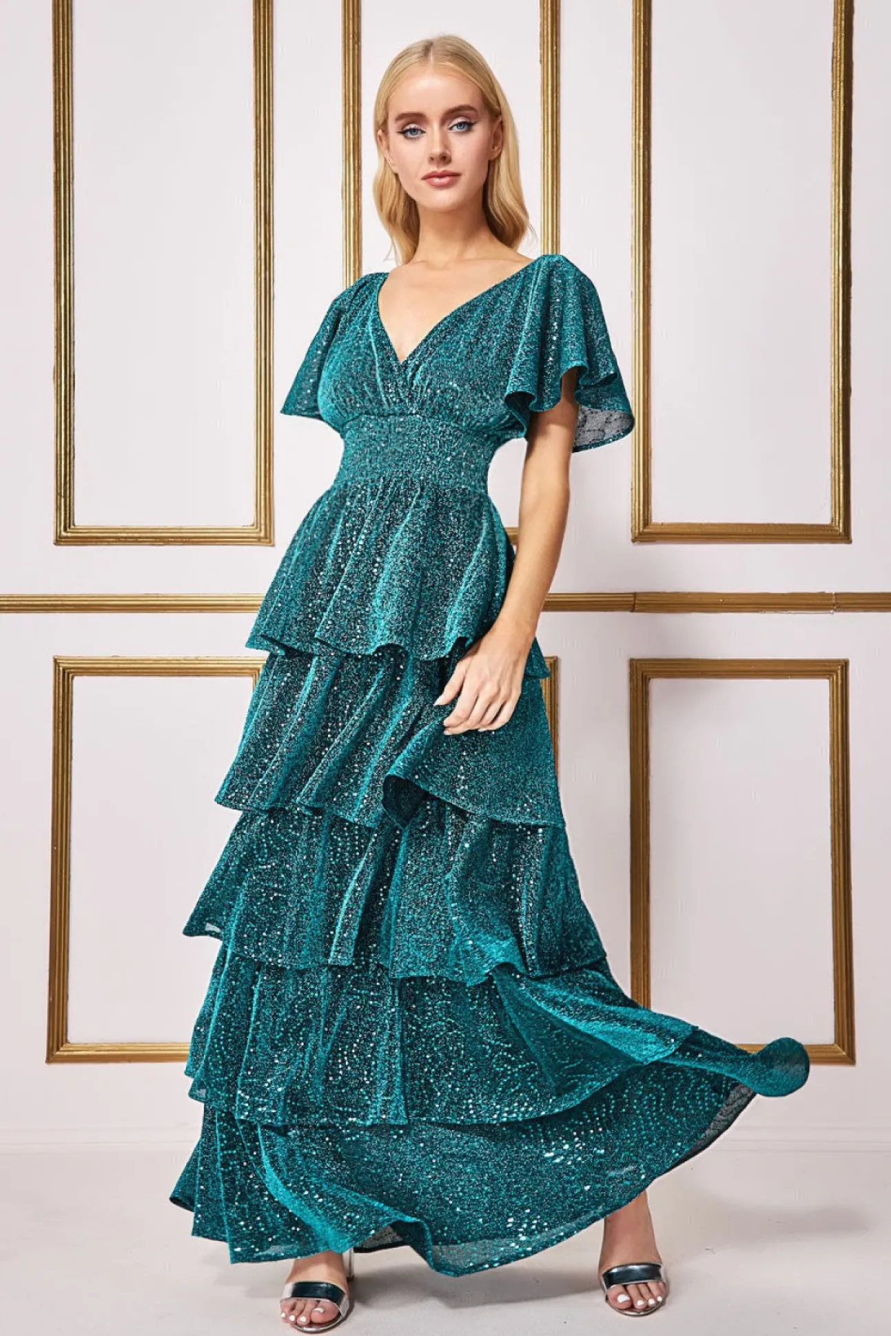 Women * Sequin Lurex Tiered Maxi Dress - Teal Blue