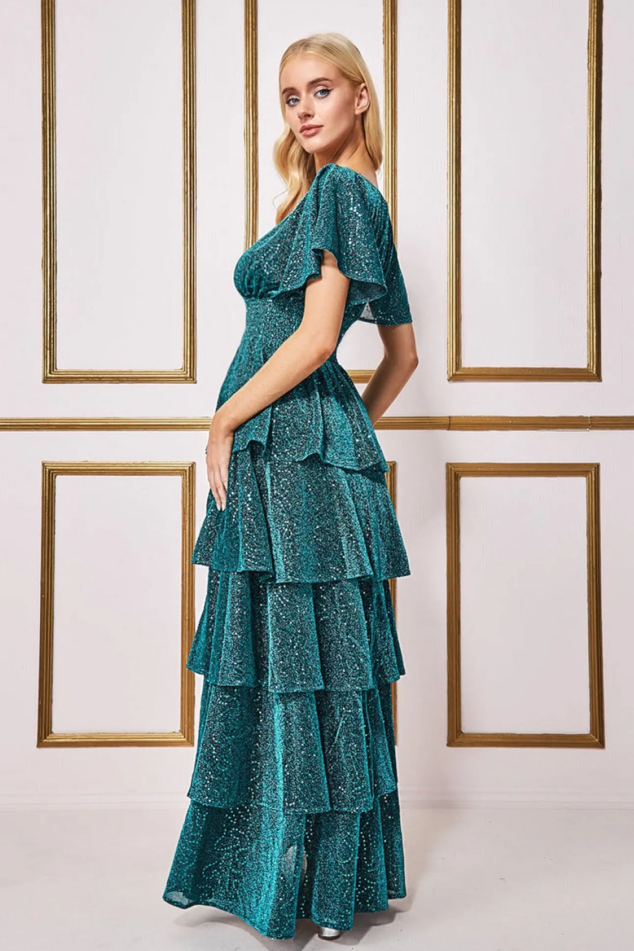 Women * Sequin Lurex Tiered Maxi Dress - Teal Blue